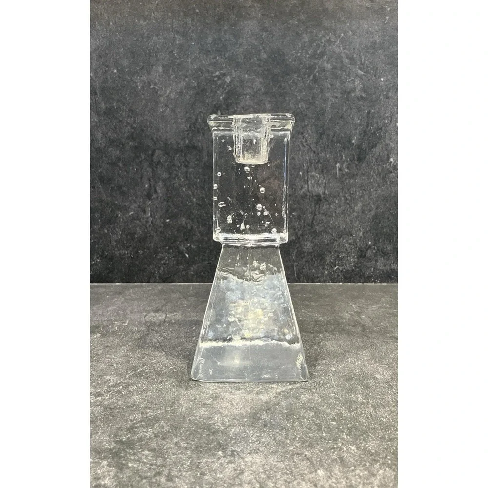 Scandinavian Ice Block Glass Candle Holder Brutalist Bubble Crystal MCM Vintage